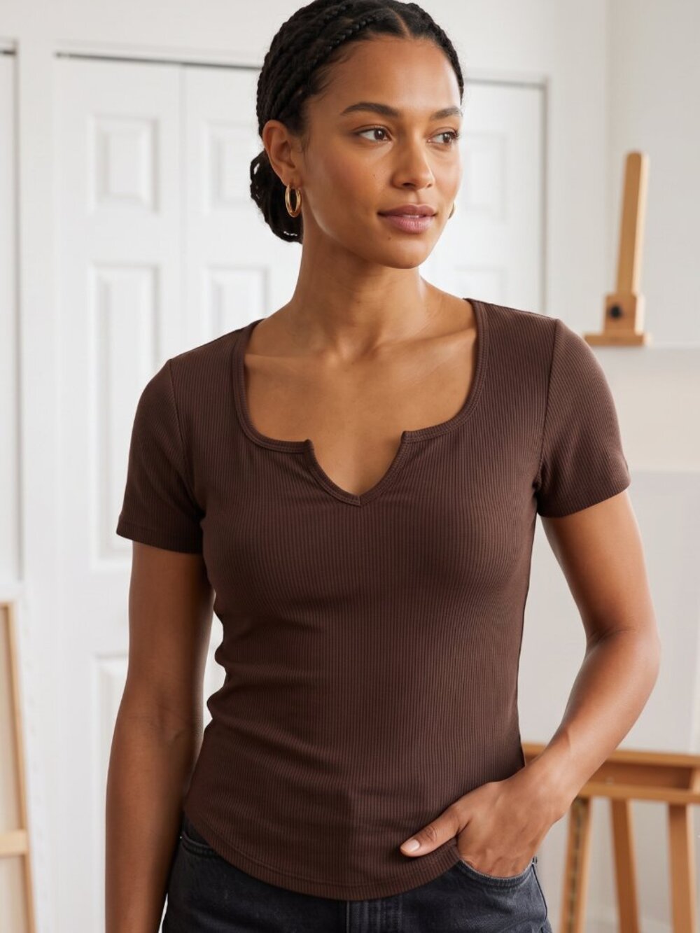 New Women’s Brown Ribbed Casual Top – Size Large